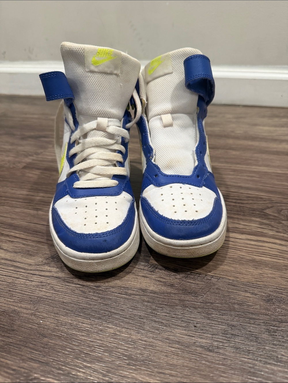 Nike Kids White, Blue & Neon Yellow High-Top Sneakers